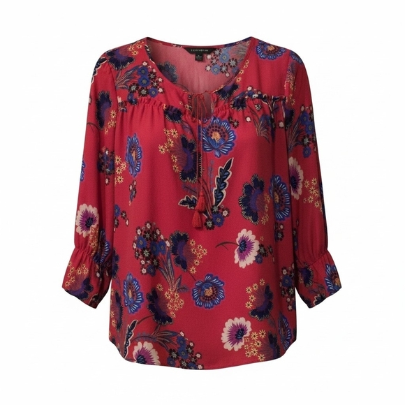 Zac& Rachel Tops - Zac & Rachel Womens L Red Floral Peasant Blouse Tie Neck Boho Flowy Tunic Top